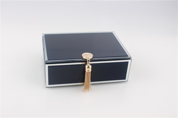 Mirror Glass Navy Blue Jewelry Box Gold Trim Tassel Trinkets Mirror Glass Navy Blue Jewelry Box Gold