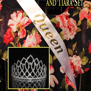 Satin Printed &quot;Queen&quot; Sash for Pageants, Proms, Dances, Parties with 3.25&quot; Rhinestone Tiara