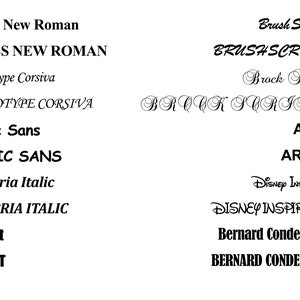 May include: A visual comparison of different font styles, including Times New Roman, Brush Script, Monotype Corsiva, Comic Sans, Cambria Italic, Arial, Disney Inspired, and Bernard Condensed.