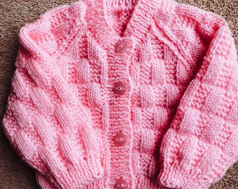 Hand knitted baby cardigan 0-3 months (candy floss pink)