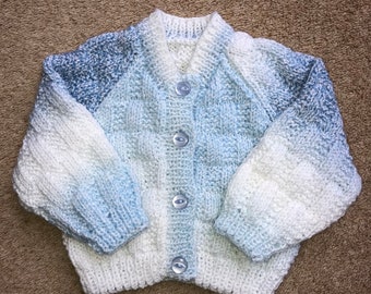 Hand knitted baby cardigan (blue/white)