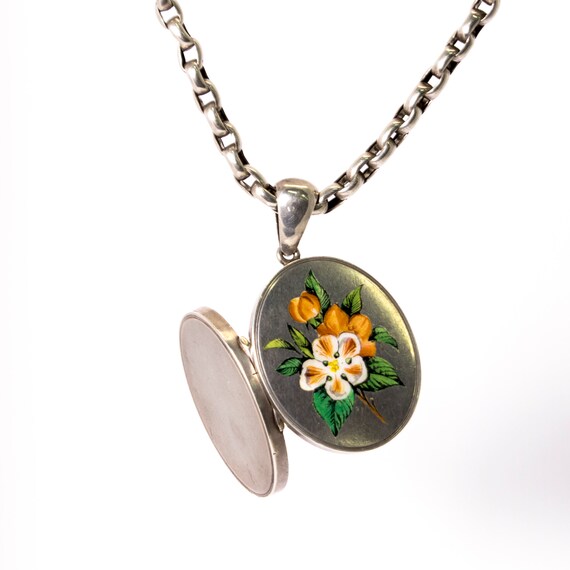 Victorian Enamelled Silver Locket & Chain - Circa