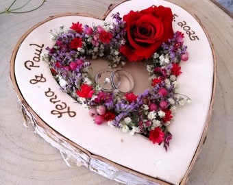 Wedding Ring Pillow Heart Mille Fleurs red purple with name