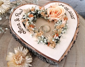 Wedding ring pillow heart Mille Fleurs peach with names