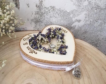 Wedding Ring Pillow Wooden Heart Mille Fleurs Lavender with Name