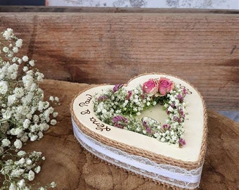 Hochzeit Ringkissen Herz Holzherz Mille Fleurs Jute Spitze mit Namen