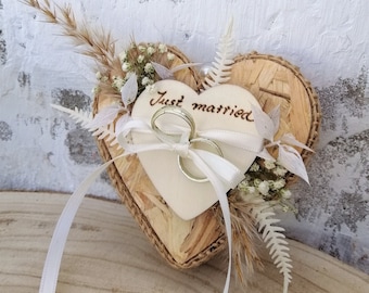 Mini ring cushion OSB wood heart, dried flowers Just married