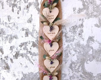 Decorative hearts “Here we live, love, laugh” Front door decoration made of wood & dried flowers