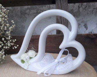 Wedding ring pillow ceramic heart standing white for wedding rings ring holder