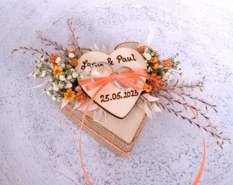 Mini ring pillow wooden heart, dried flowers apricot peach
