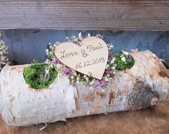 Ring pillow ring holder wooden trunk birch trunk for wedding rings wedding with name