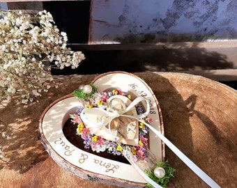 Ring Pillow Heart Wooden Heart Center Mille Fleurs Mix for Wedding Rings with Name Wedding