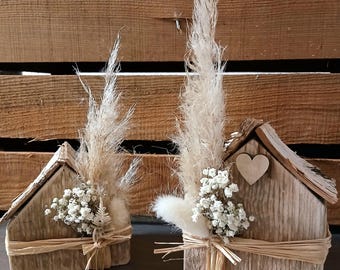 Wooden House 2-Piece Set with Dried Flowers