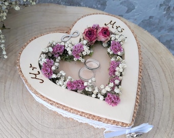 Wedding Ring Pillow Heart Mille Fleurs Mr & Mrs Wooden Heart for Wedding Rings