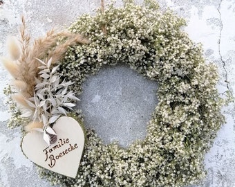 Couronne d’herbes de voile avec coeur en bois pour les noms couronne murale couronne de porte couronne de fleurs séchées