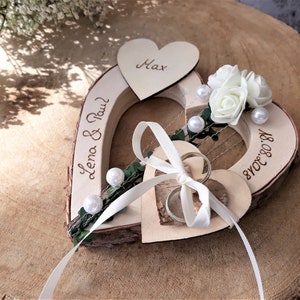 Heart ring pillow bride and groom with child heart with name
