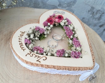 Hochzeit Ringkissen Herz Mille Fleurs Just married Holzherz für Eheringe