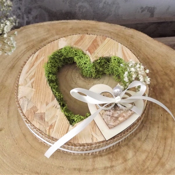 Ring cushion ring holder OSB wood heart round moss gypsophila wedding for wedding rings