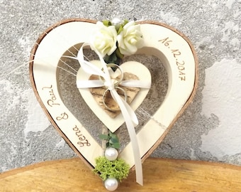 Ring cushion heart wood heart center cream with name