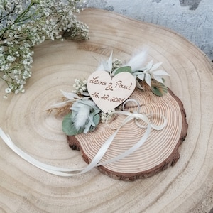 Wedding ring cushion ring holder wooden disc with name and dried flowers white