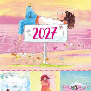 Könnte beinhalten: Ein Wandkalender für 2027 mit dem Titel Damen mit Format, der farbenfrohe Aquarellillustrationen einer Person in verschiedenen Szenen zeigt, darunter auf einem Schild liegend, in einer Hängematte, in rotem Mantel und in einem rosa Flugzeug.