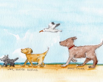 Art print on canvas "The Little Trip" 30 x 20 cm - dogs on the beach