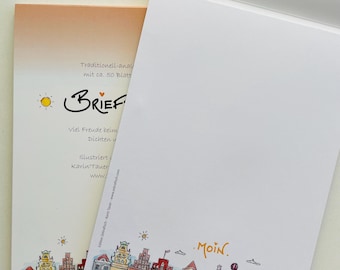 Briefpapier „Moin“ mit Häuserzeile, Briefblock in DIN 5