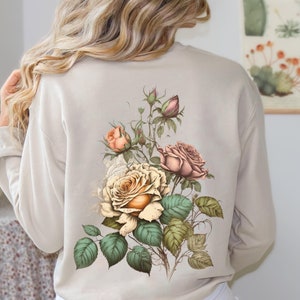 Sweat-shirt floral vintage rose, cadeaux floraux avec haut de poche, cadeaux roses, col rond graphique pour femmes, pull rose imprimé dans le dos pour femmes tshirt vintage