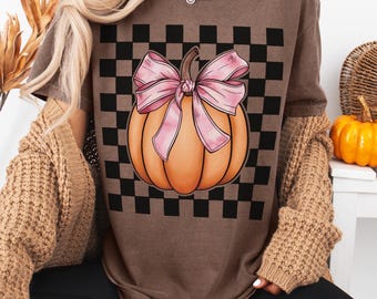 Comfort Colors Halloween Checkered Pumpkin Shirt for Mom Gift for Her Fall Bow Shirt Coquette Bow Tshirt Birthday Gift Coquette Aesthetic