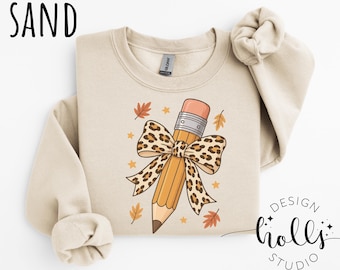 Leopard Pencil Bow Teacher Sweatshirt, Fall Crewneck