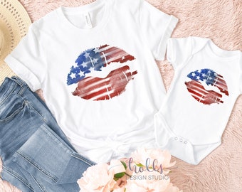 July 4th matching shirts, 4th of July mother daughter matching outfits, mother daughter lips, mommy and me patriotic shirts, American flag