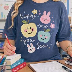 Easter Teacher Shirt, Hoppy Bunny Apple Design, Comfort Colors Tee