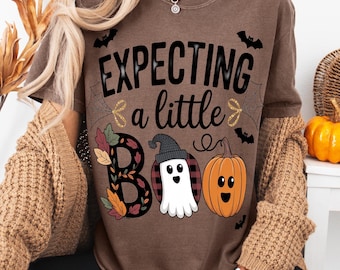 Expecting a Little Boo Comfort Colors Shirt | Halloween Pregnancy Reveal T-Shirt | Fall Baby Announcement Bump Tee | Maternity Ghost Shirt