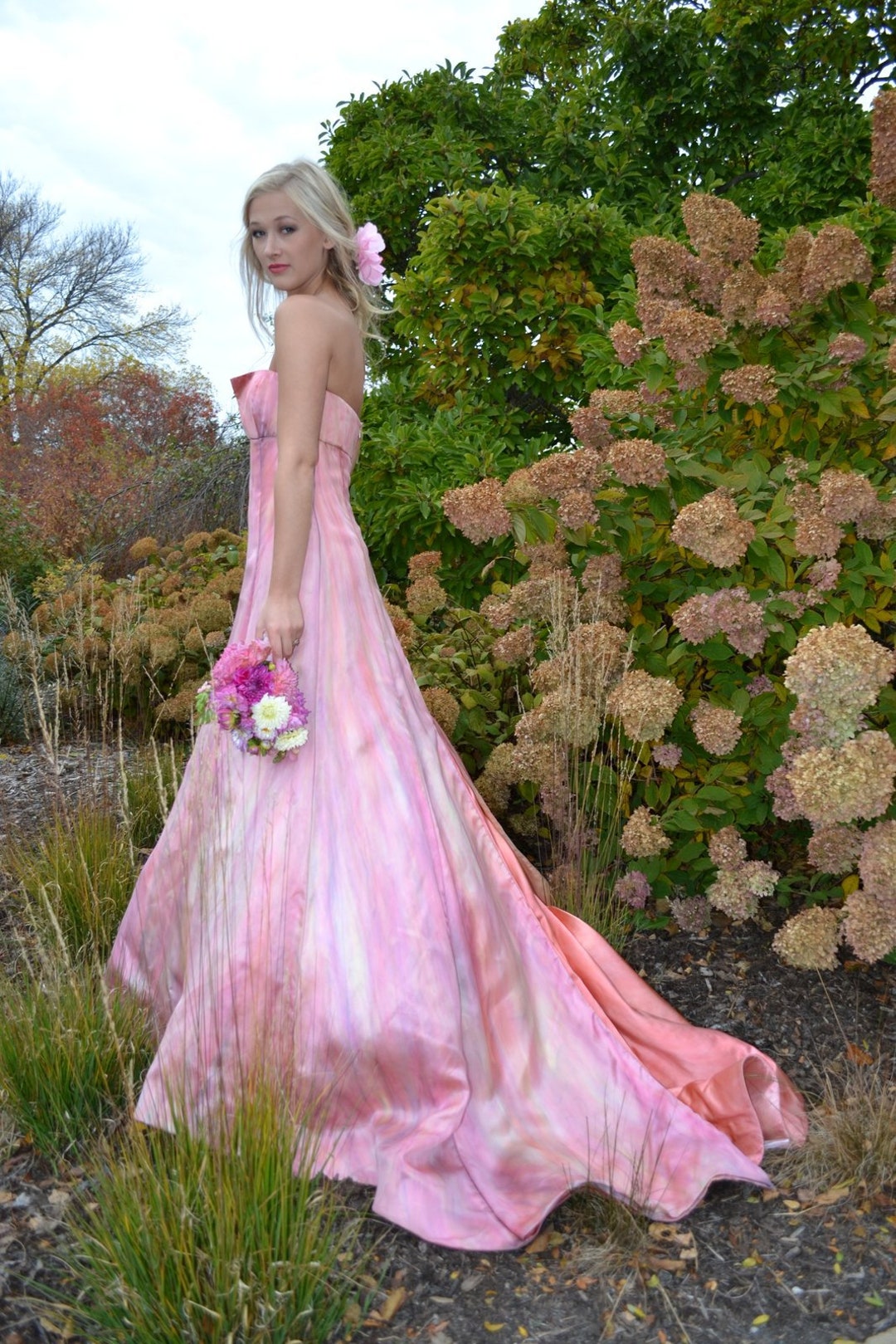 Painted Silk Wedding Gown Couture Dress Blush Pink Purple 