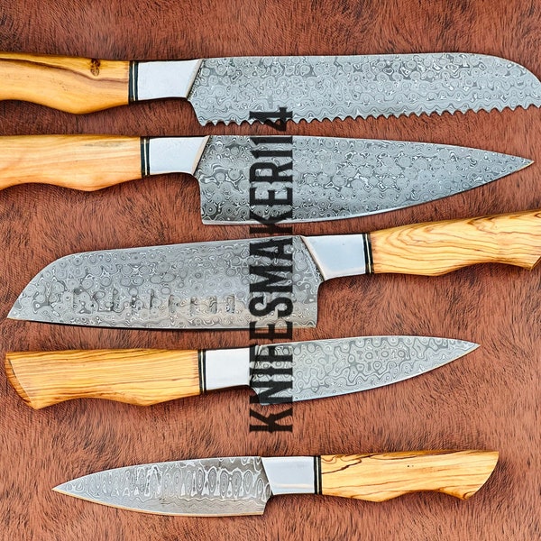 Damascus Chef Set of 5 Chef Knife - Kitchen Chef Knife Set Raindrop Damascus Knife - Anniversary Gift For Him