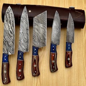 AHD-002 Custom Handmade Damascus Chef Set of 5 Chef Knife - Kitchen Chef Knife Set Damascus Knife Christmas Gift Anniversary Gift For Him