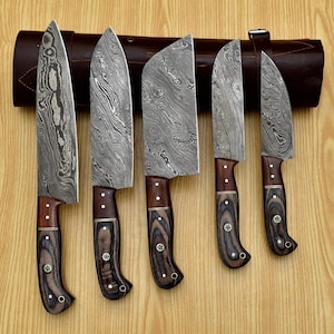 AHD-003 Custom Handmade Damascus Chef Set of 5 Chef Knife - Kitchen Chef Knife Set Damascus Knife Christmas Gift Anniversary Gift For Him