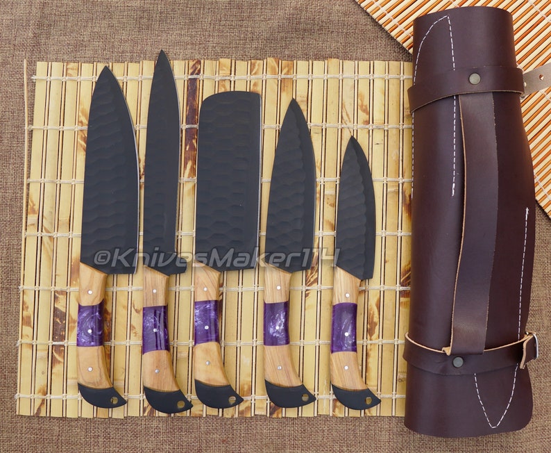 Custom handmade chef set, Handmade Stainless Steel Chef Knife Set,black blade Knife Set Full Kitchen Knife Set,Chef Set,Newly Design shops