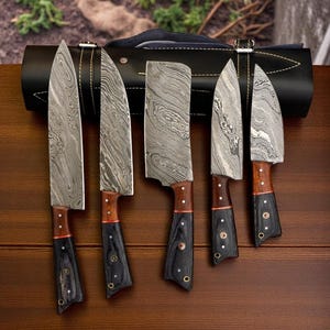 Custom Damascus Steel Chef Knife Damascus Knives set Chef set handmade Best chef set | Leather Sheath| Gift for Him ,Christmas Gift, Leather