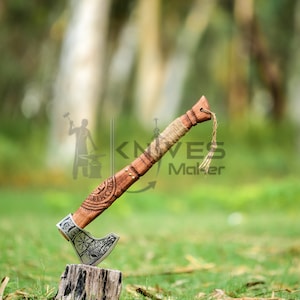 VIKING FORGED AXE  Camping Hatchet with Wood Shaft, Viking Bearded Camping Axe, Christmas Day gift With Leather Sheath