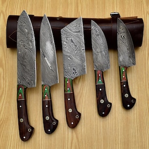AHD-004 Custom Handmade Damascus Chef Set of 5 Chef Knife - Kitchen Chef Knife Set Damascus Knife Christmas Gift Anniversary Gift For Him