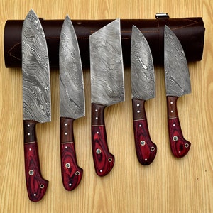 AHD-001 Custom Handmade Damascus Chef Set of 5 Chef Knife - Kitchen Chef Knife Set Damascus Knife Christmas Gift Anniversary Gift For Him