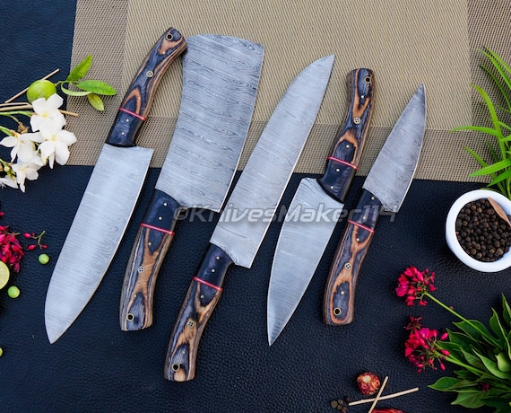 Handmade Damascus Chef Set of 5pcs With Leatherdamascus Knife 