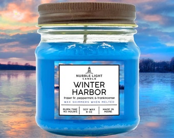 WINTER HARBOR Fraser Fir & Peppermint Hand-Crafted Scented Soy Candle | Made in Maine | Glitter Candle | Non-Toxic | Robust