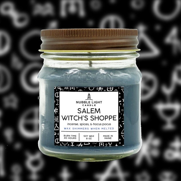 Bougie de soja artisanale parfumée SALEM WITCH'S SHOPPE | Bougie des amoureux d'automne | Inspiré de Salem | Automne | Bougie de sorcière | Effet scintillant