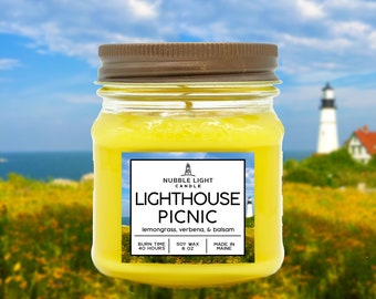 LIGHTHOUSE PICNIC Lemongrass & Balsam Scented Soy Candle | Maine-Inspired | Non-Toxic | Clean Burn | Robust Scent | Long Burn Time