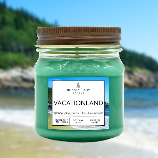 VACATIONLAND Maine Trees & Ocean Air Scented Soy Candle | Made in Maine | Non-Toxic | Clean Burn | Robust Scent | Long Burn Time | Woodsy