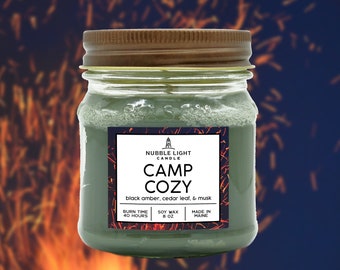 CAMP COZY Black Amber & Cedar Leaf Scented Soy Candle | Camping, Woodsy, and Warm | Non-Toxic | Clean Burn | Robust Scent | Long Burn Time