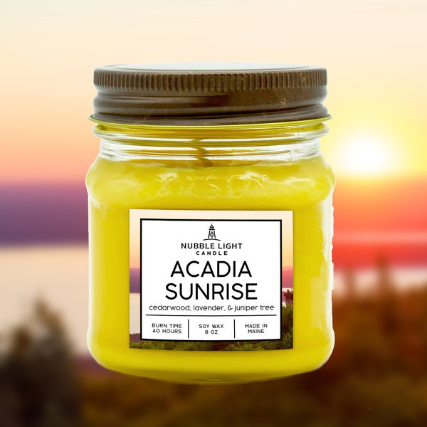 ACADIA SUNRISE Warm Cedarwood & Juniper Tree Scented Soy Candle | Made in Maine | Non-Toxic | Clean Burn | Robust Scent | Long Burn Time
