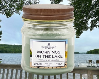 MORNINGS on the LAKE Hand-Crafted Scented Soy Candle | Pine & Coffee | Nostalgic | New England | Non-Toxic | Robust Scent | Long Burn Time